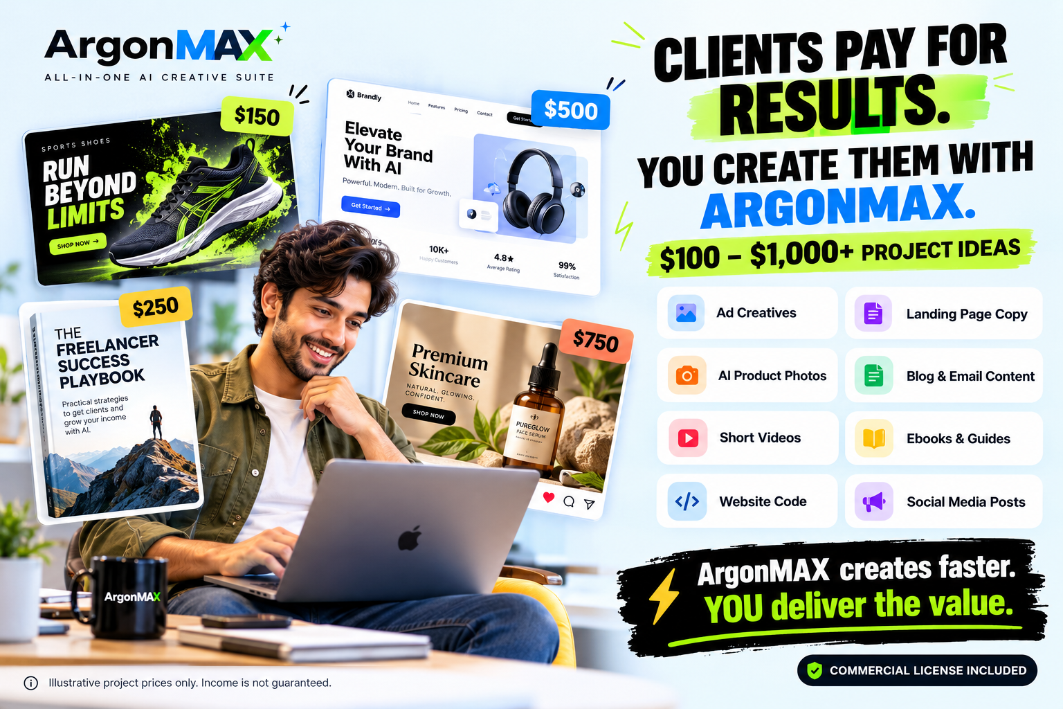 Clients pay for results. Create ad creatives, landing page copy, AI product photos, blog and email content, short videos, ebooks, website code, and social media posts with ArgonMAX. Illustrative project prices only; income is not guaranteed. Commercial license included.