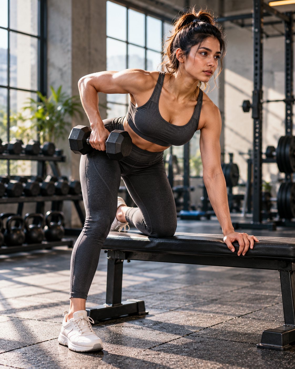 Cinematic Dumbbell Row in Sunlit Gym