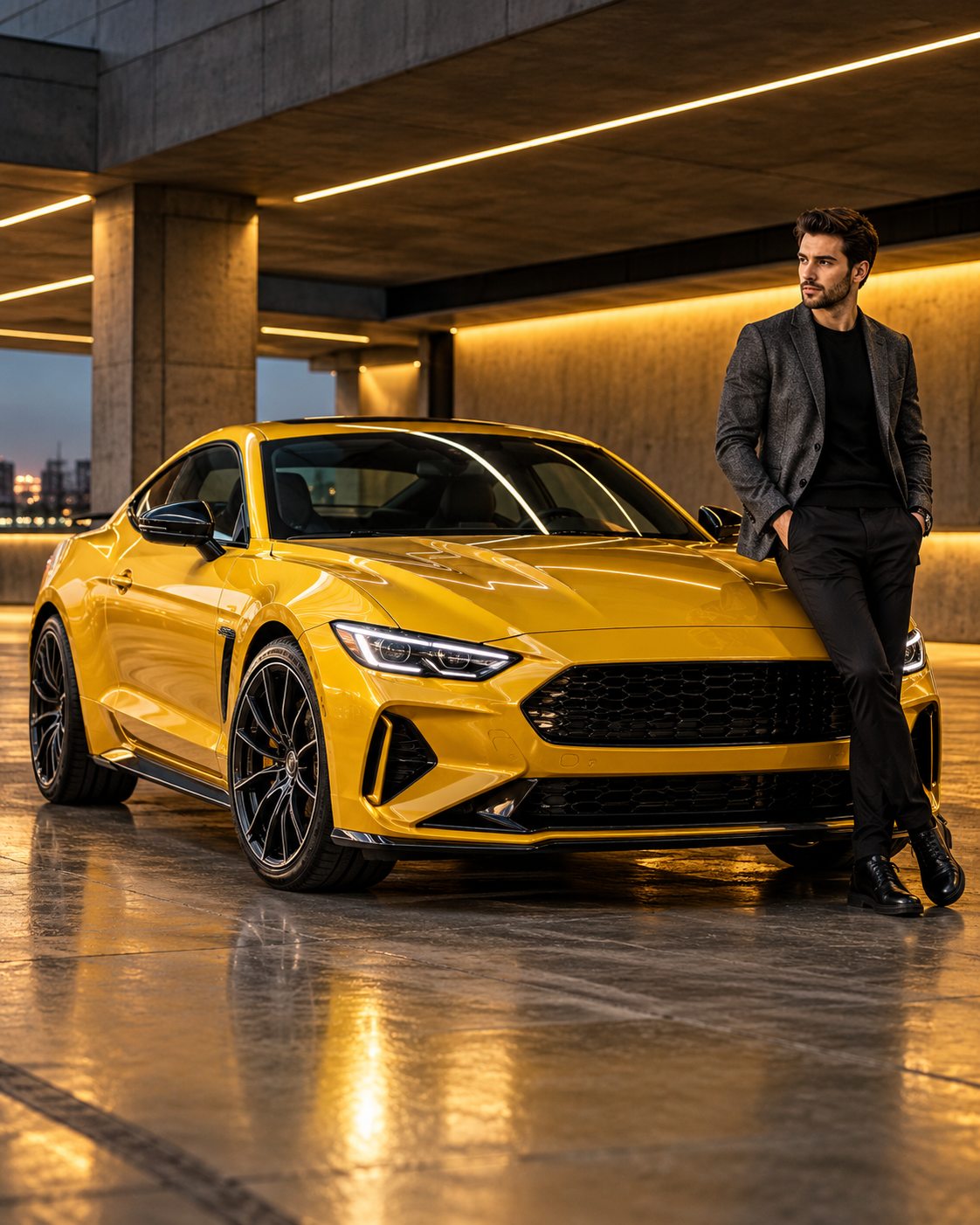 Golden Sports Coupe in a Modern Garage