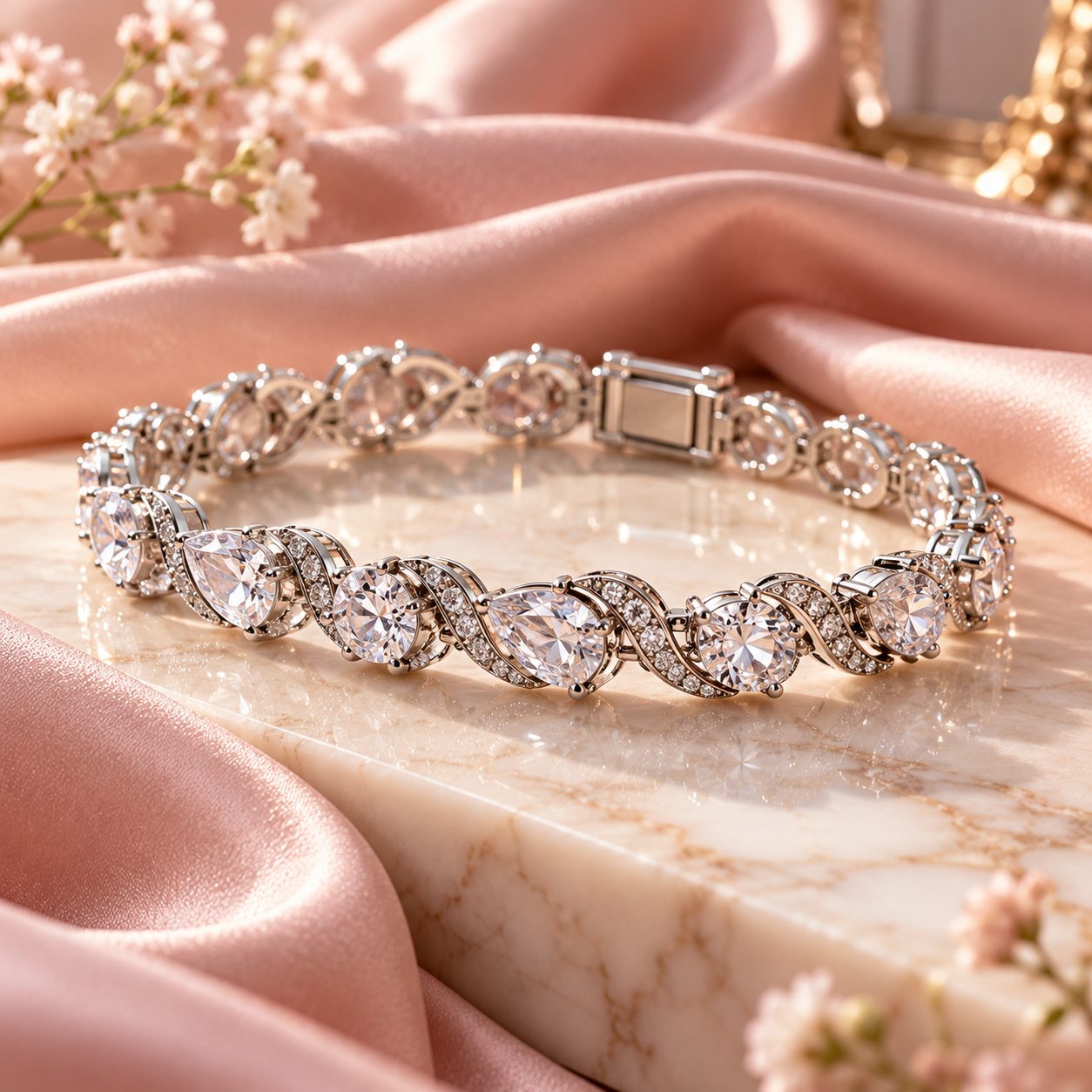 Luxurious Diamond Bracelet on Blush Satin