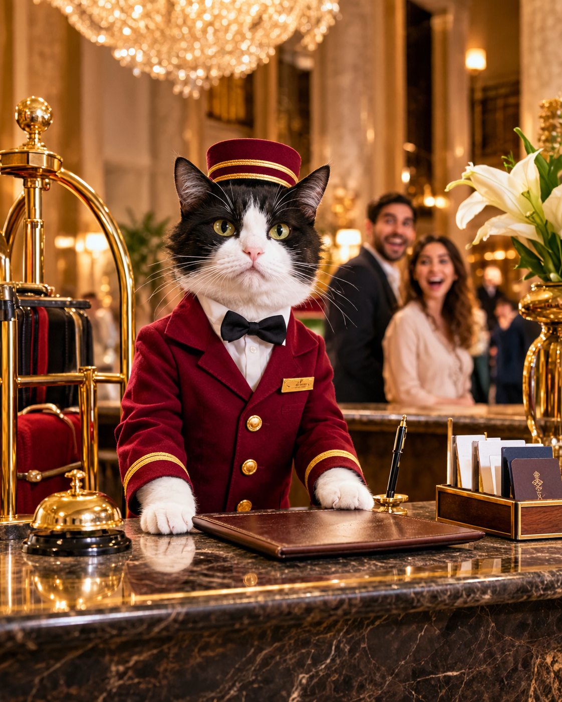 Tuxedo Cat Concierge in Luxury Lobby
