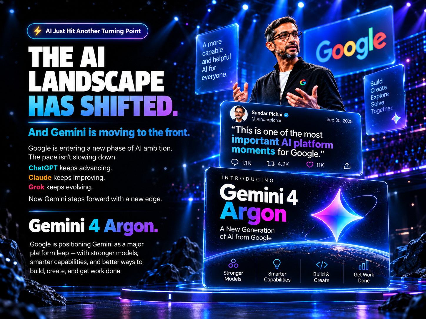 The AI landscape has shifted. Introducing Gemini 4 Argon, with stronger models, smarter capabilities, and tools to build, create, and get work done.
